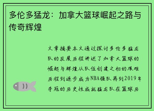 多伦多猛龙：加拿大篮球崛起之路与传奇辉煌