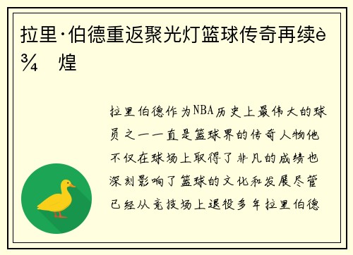 拉里·伯德重返聚光灯篮球传奇再续辉煌