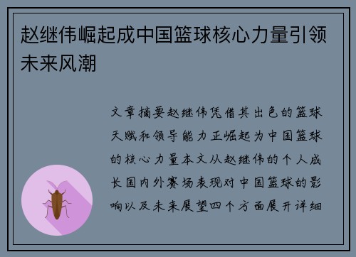 赵继伟崛起成中国篮球核心力量引领未来风潮
