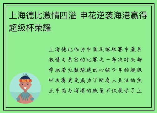 上海德比激情四溢 申花逆袭海港赢得超级杯荣耀