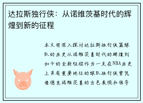 达拉斯独行侠：从诺维茨基时代的辉煌到新的征程